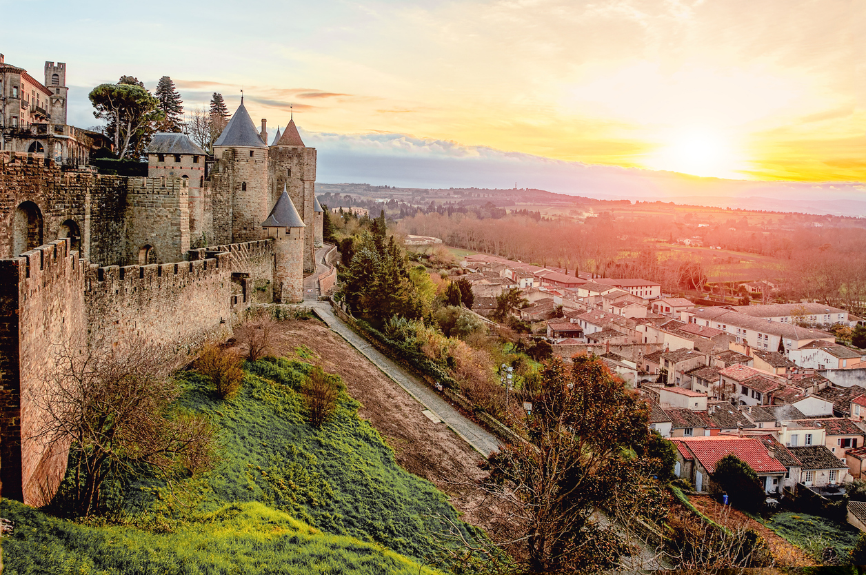 Carcassonne. France . Beautiful sunset landscape in the famous city in France.